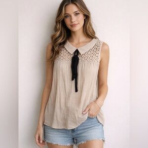 Sweet Wanderer Beige Lace Blouse with Black Tie
